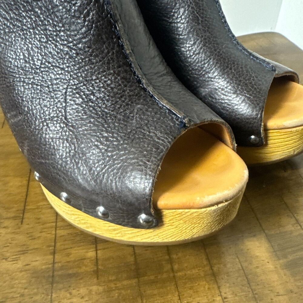 Kork-Ease Brown Leather Platform Wedge Slide Clogs Womens 9 Boho Comfort - Picture 3 of 11